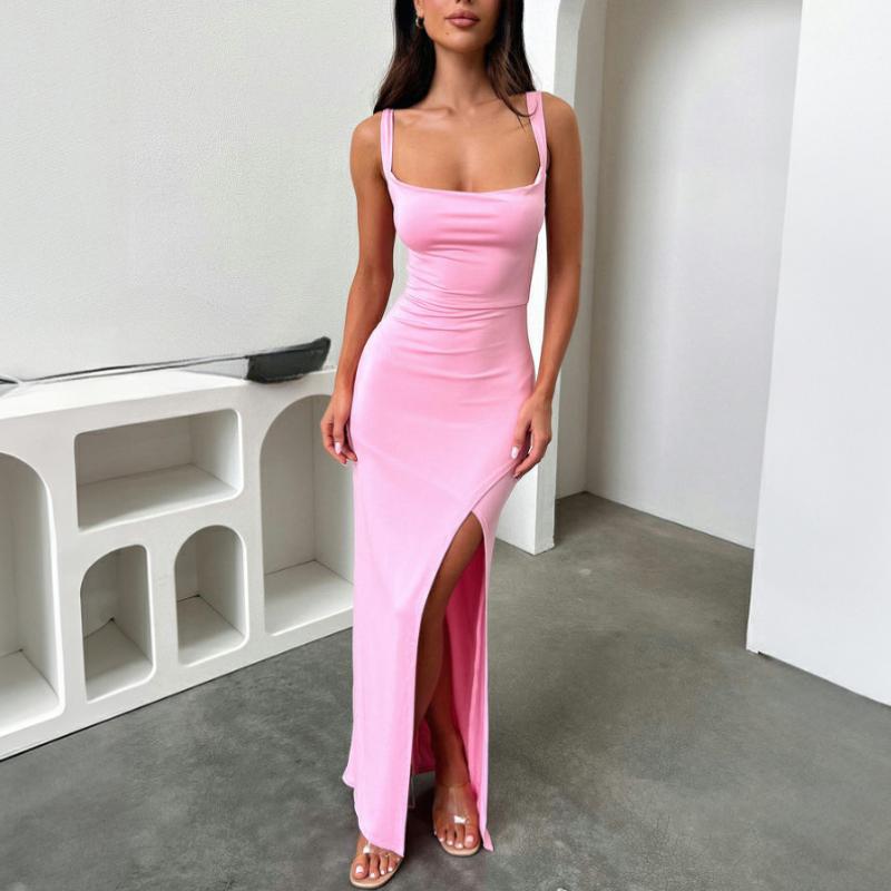 European and American Summer Sexy Sleeveless Solid Color Slim Fit Slit Backless Dress