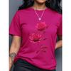 Women's Yellow T-Shirt with Gold Rose Print, Round Neck Short Sleeve Casual Top