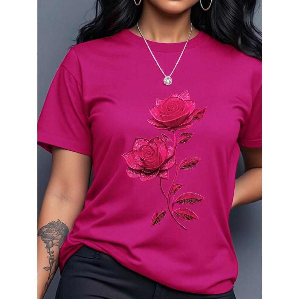 Women's Yellow T-Shirt with Gold Rose Print, Round Neck Short Sleeve Casual Top