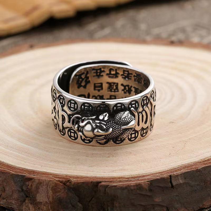 New Retro Silver Pixiu Ring Men's Heart Money Transfer Open Ring Live and Domineering