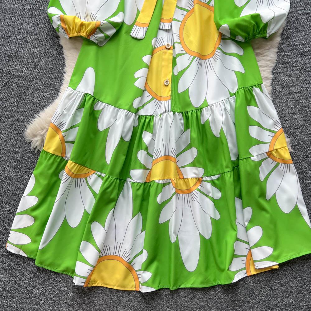 Chic Vintage Sexy Buttonn Ruched  Print Slim Elegant Fairy Summer  Korean Fashion Boho Sundress Women Clothing Long Dress