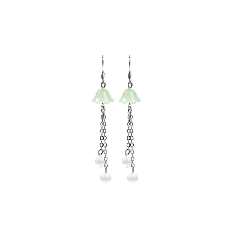 Lily of the Valley Imitation Hetian Jade Earrings with Pearls and Tassels
