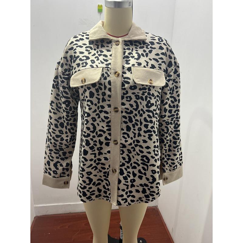 Plus Size Leopard Print Button-Up Jacket with Long Sleeves for Autumn/Winter