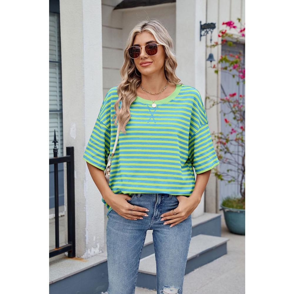 Frühling und Sommer Neues Damen Gestreiftes Kontrast-Lose Kurzarm-T-Shirt