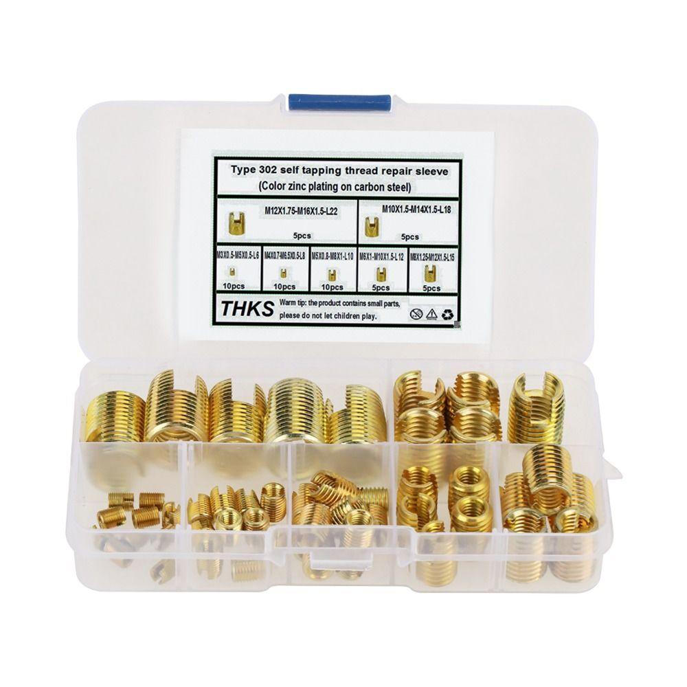 50pcs Gold Self Tapping Inserts M3-M12 Brass Slotted Thread Inserts Threaded Inserts Kit  Tool Set