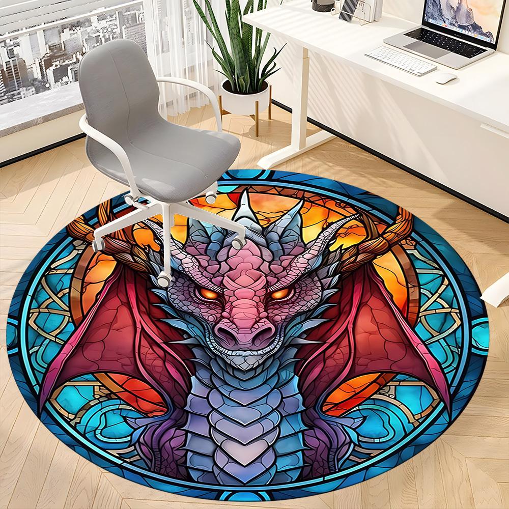 1pc Dragon StainedGlass Office Round Area Rug, Under Office Chairs Bedroom Living Room Home Decor, Room Deco