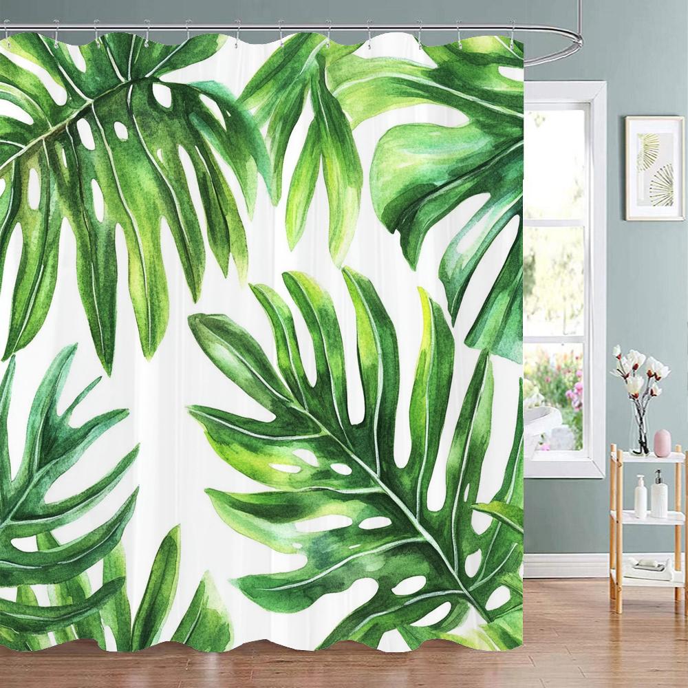 Green Plants And Leaves Tropical Leaf Shower Curtain, Bathroom Decorative Shower Curtain, Print Fabric Home Curtain With Hooks