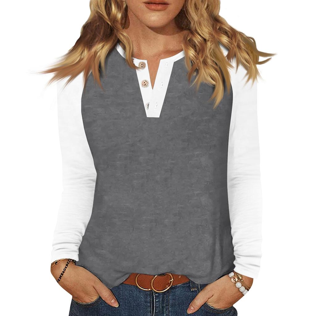 Women's T Shirt Color Block Button Long Sleeve Daily Weekend Fashion Basic V- Neck Regular Top