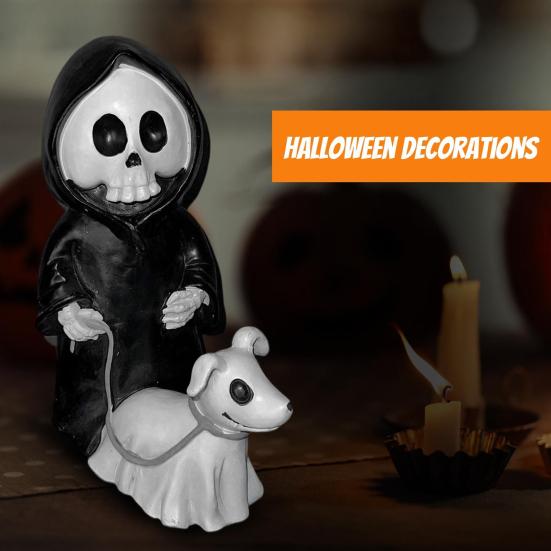 Halloween Ornament Skull Grim Reaper Walking Dog Figurine Decorative Skeleton Statue Courtyard Balcony Garden Sculpture