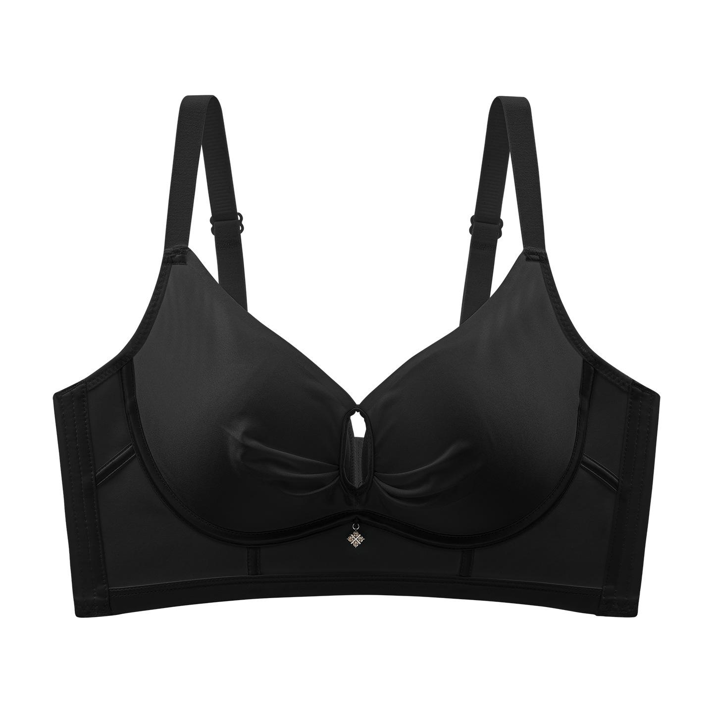 

New satin solid color Shijuto without steel ring smooth surface hollow sexy side collection breast bra cover 40/90ab through cup чорний