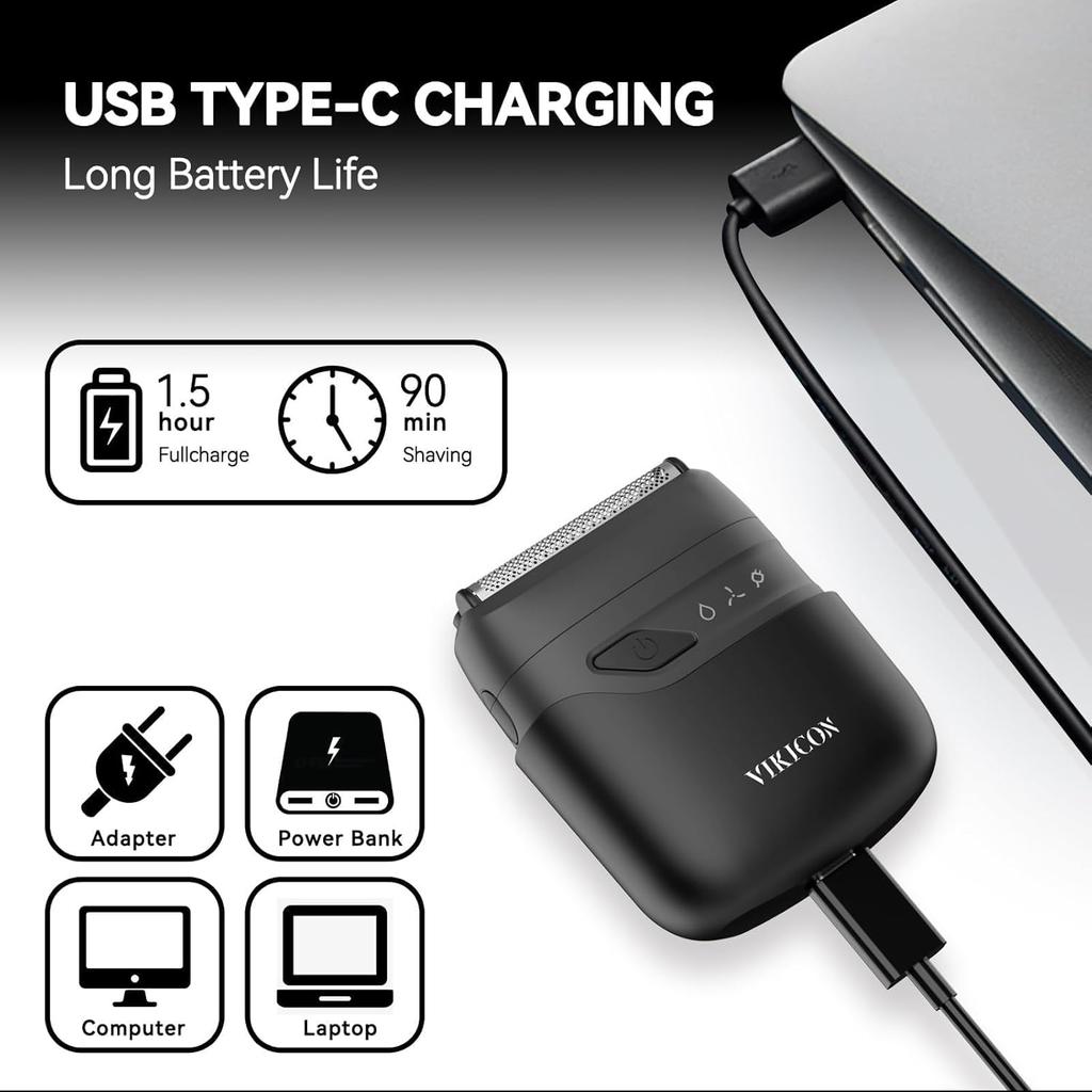 VIKICON® Electric Foil Shavers for Men, Compact Travel Face Shaver, Mini Razor for Shaving Face, Portable On-The-Go Shaver w/Dual Floating Blades,