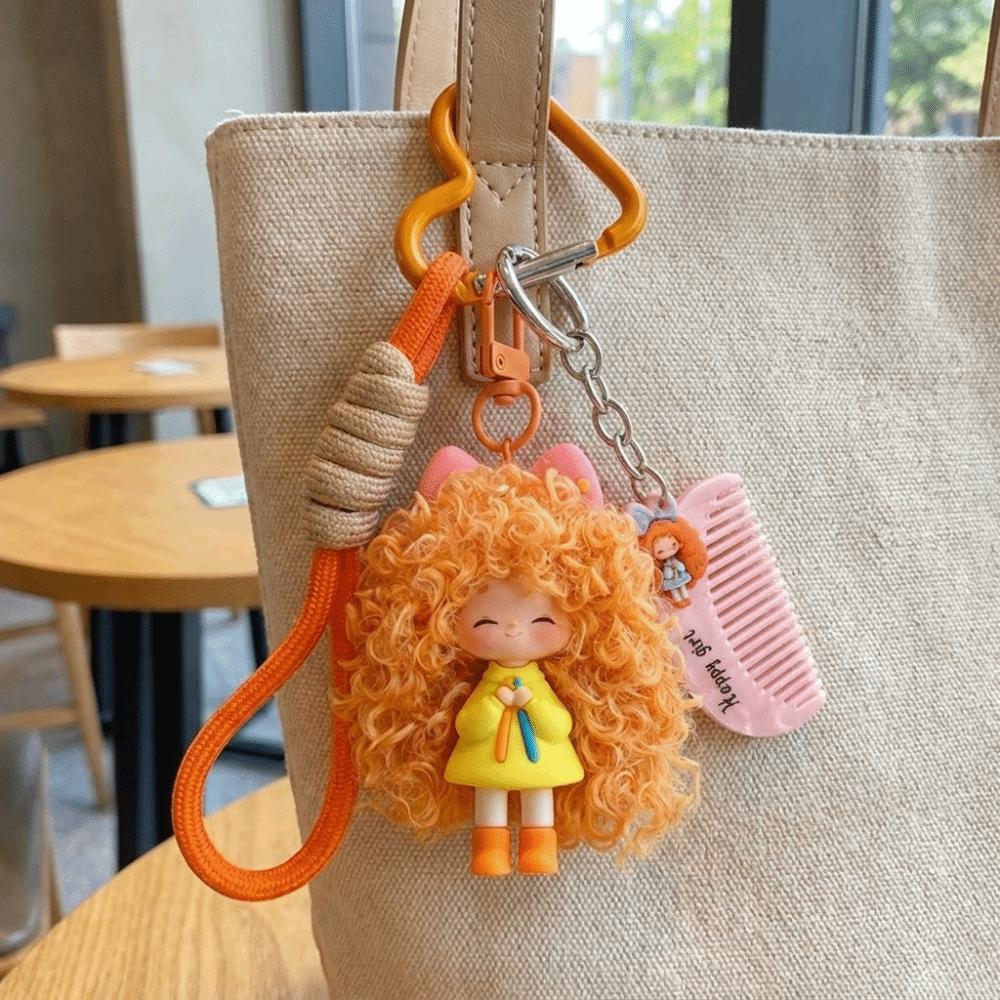Soft Rubber Curly Hair Doll Keychain Colorful Bag Pendant Sweet Halyard Heart Keyring Kids Gift