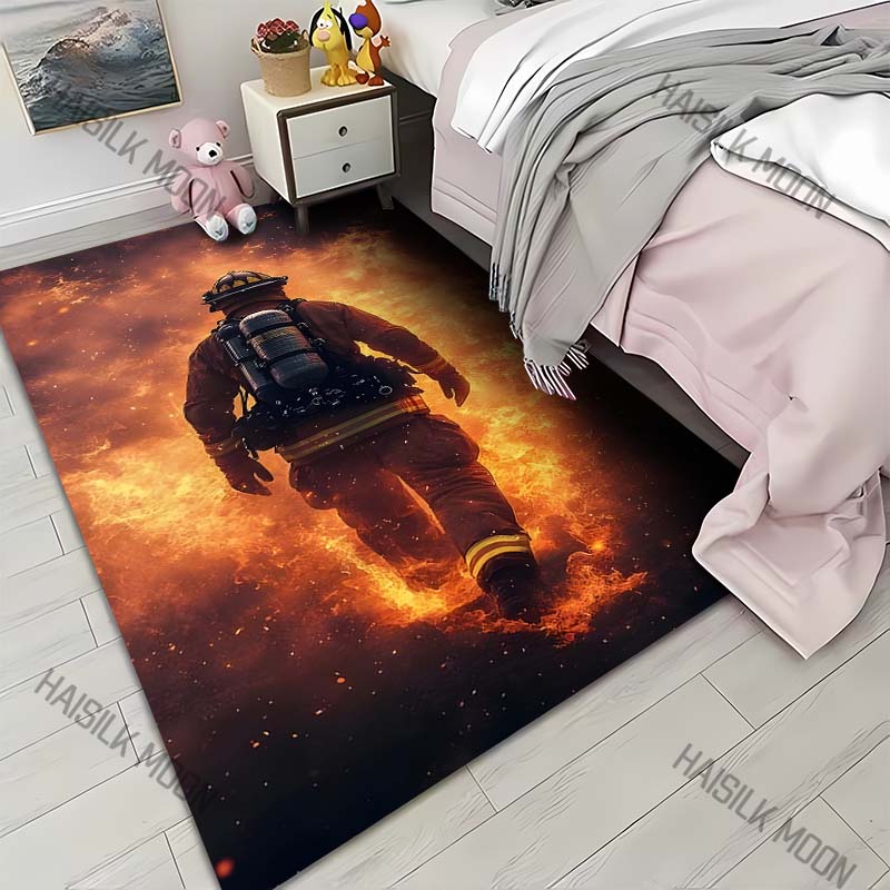 

1PC Firefighter walking through flames Print Carpet for Living Room Bedroom Sofa Home Decor Rus Non-slip Floor Mat Luxury Gift 40x60cm