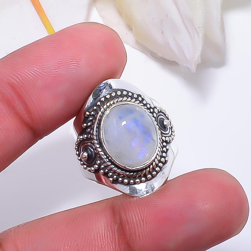 Rainbow Moonstone - India Gemstone 925 Sterling Silver Ring V8545, White Ring, Oval Ring, Valentin's Day Gift, Gift For Her, Birthday Gift, Handmade J