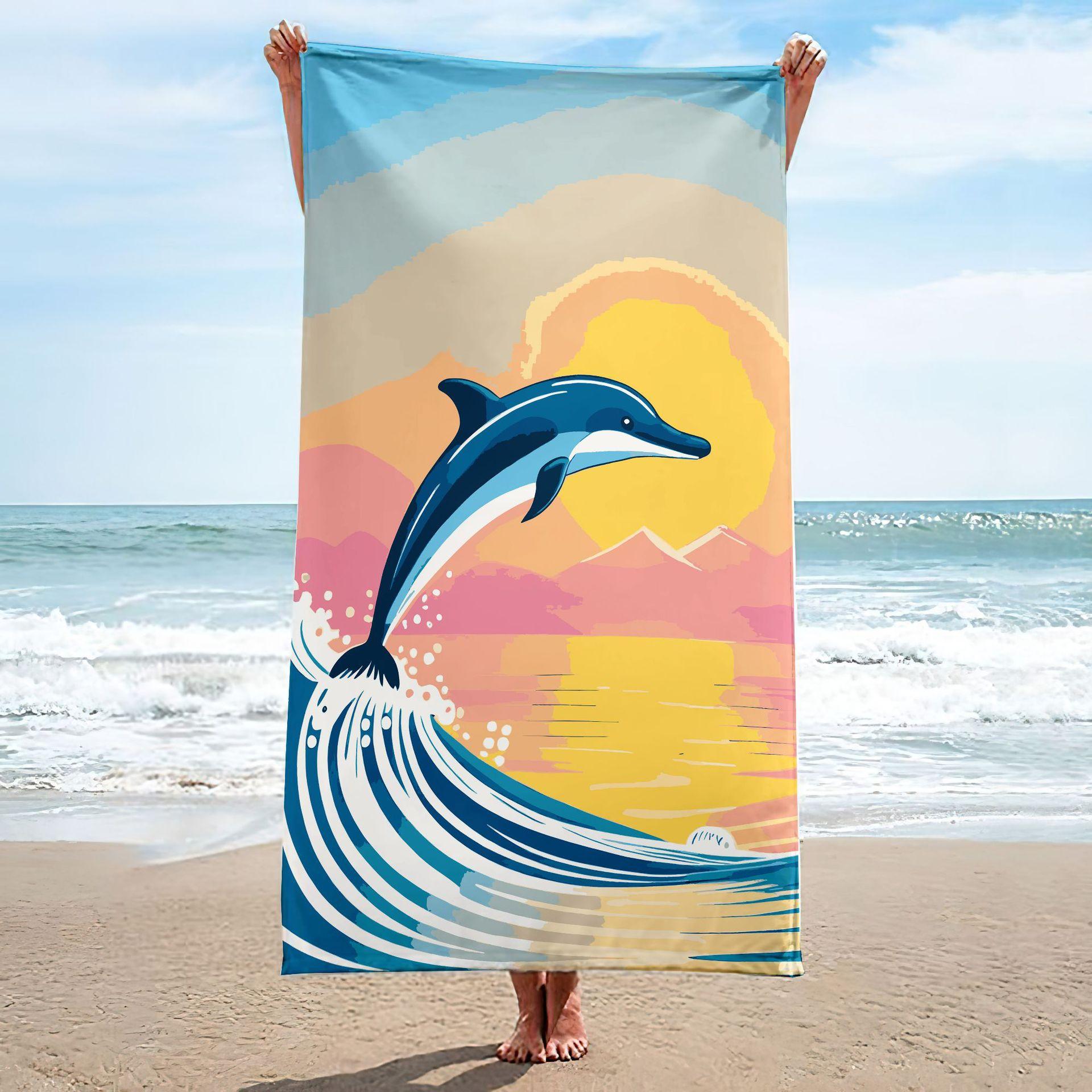 

Dolphin Jumping at Sunset Beach Towel Patterned Sunscreen And Windproof Suitable For Swimming Pool Camping Travel Blanket W40*H60(CM)