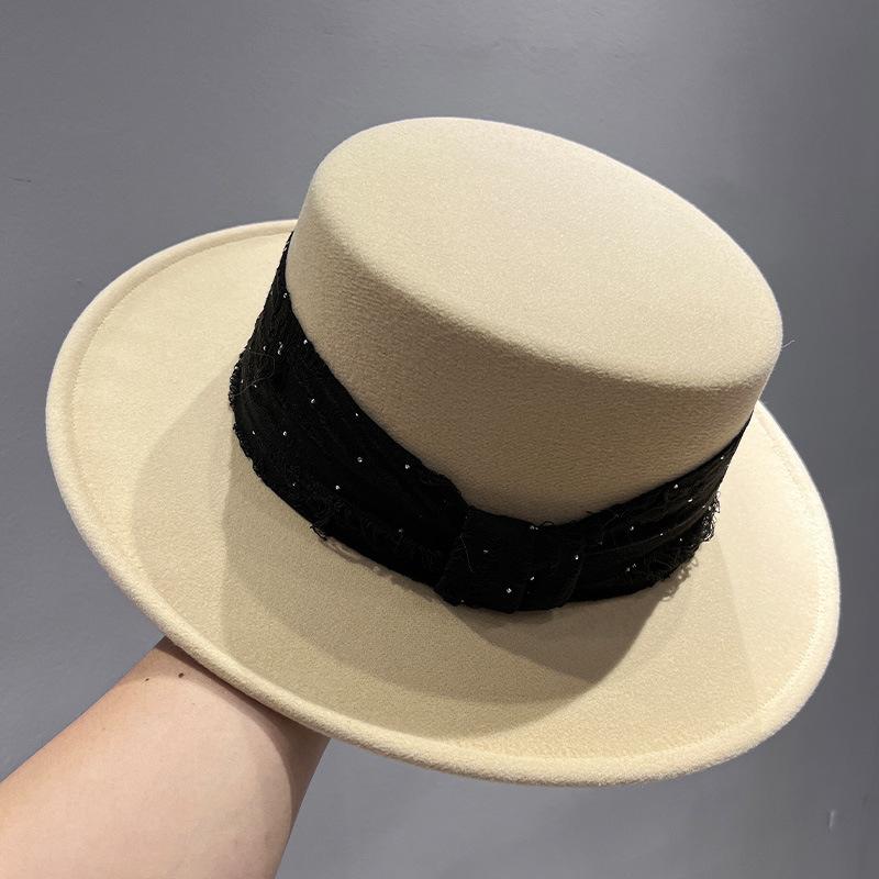 French Rhinestone Satin Top Hat Children Elegant Personality Woolen Hepburn Big Edge Flat Hat Jazz Hat
