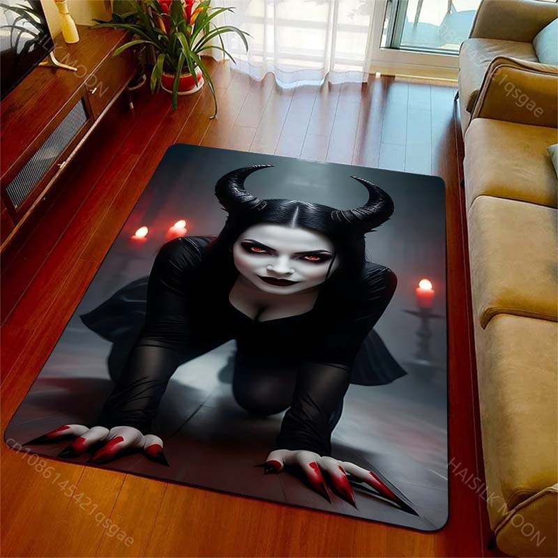 Multiple sizes Woman in black outfit, horns Carpet for Living Room Bedroom Sofa Home Decor Rus Non-slip Floor Mat Luxury Gift