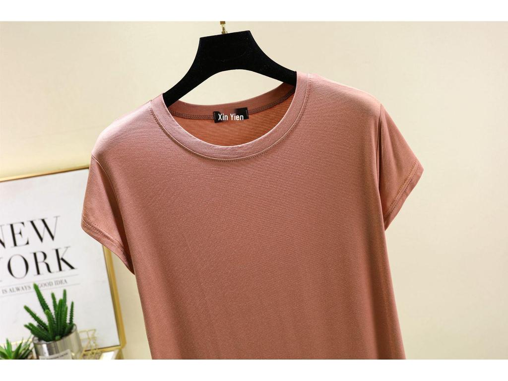 Damski bawełniany T-shirt z krótkim rękawem w jednolitym kolorze – Casualowy luźny krój, prosty letni styl
