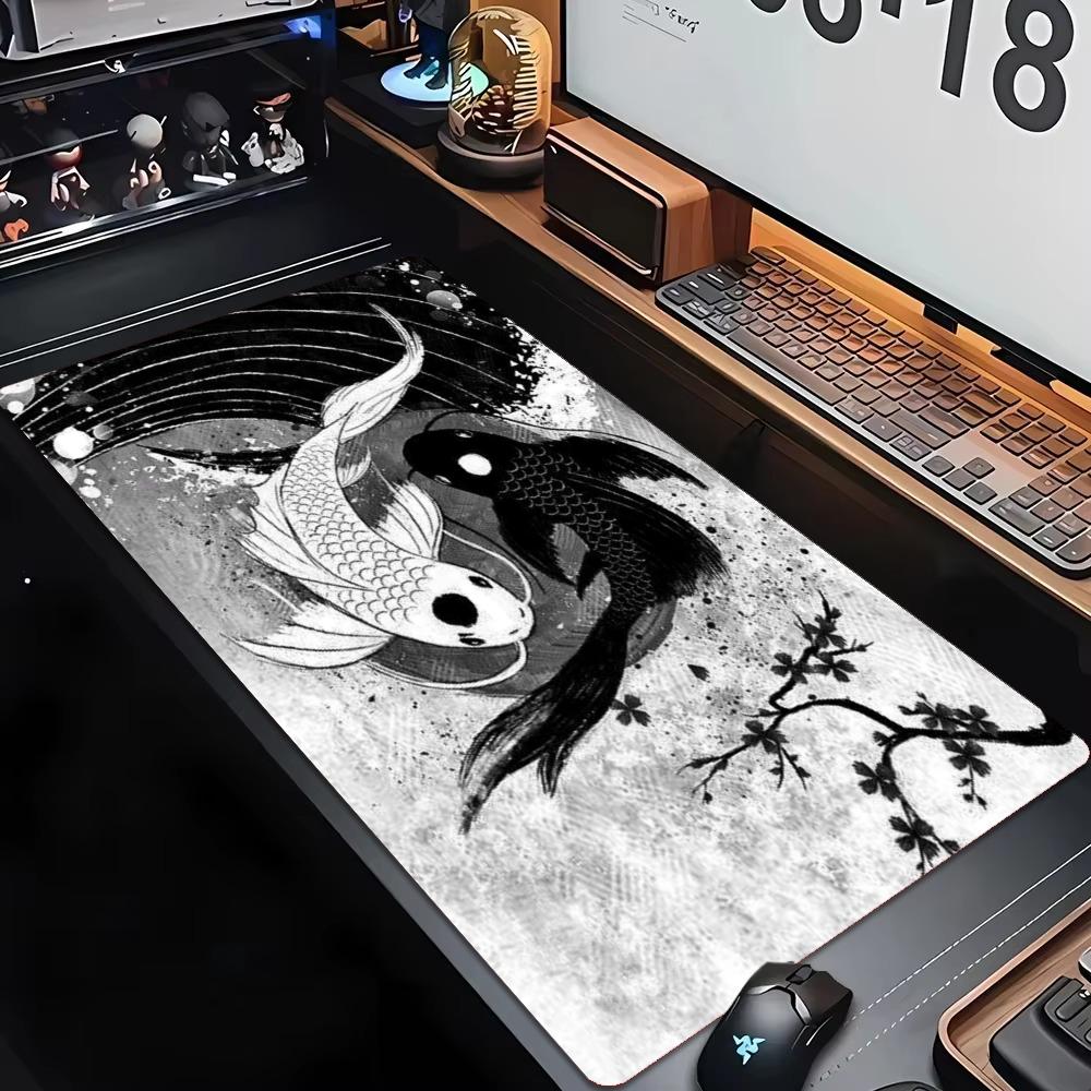 Japanese Yin Yang Koi Fish XXL Large Mouse Pad Ink Wash Cherry Blossom Desk Mat Non-Slip Rubber for Gaming Office Home Desktop