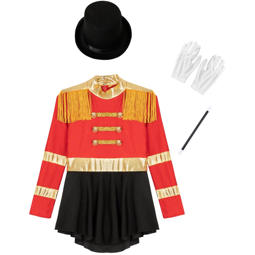 4Pcs Kids Girls Circus Magician Costume Complete Set: Long Sleeve Jumpsuit with Keyhole Back, Top Hat, Gloves & Wand for Halloween Show