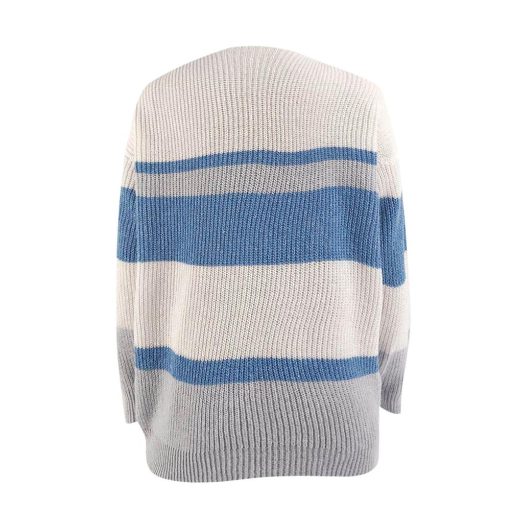 Winter Women's Knitted V-neck Stitching Button Striped Sweater Top