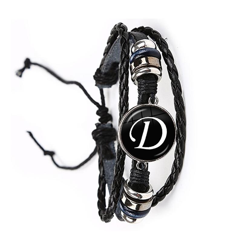 Fashion Simple Initial Alphabet Men's Braided Leather Bracelet Punk Rock 26 Letters A-Z Glass Bracelet Jewelry Gift for Men