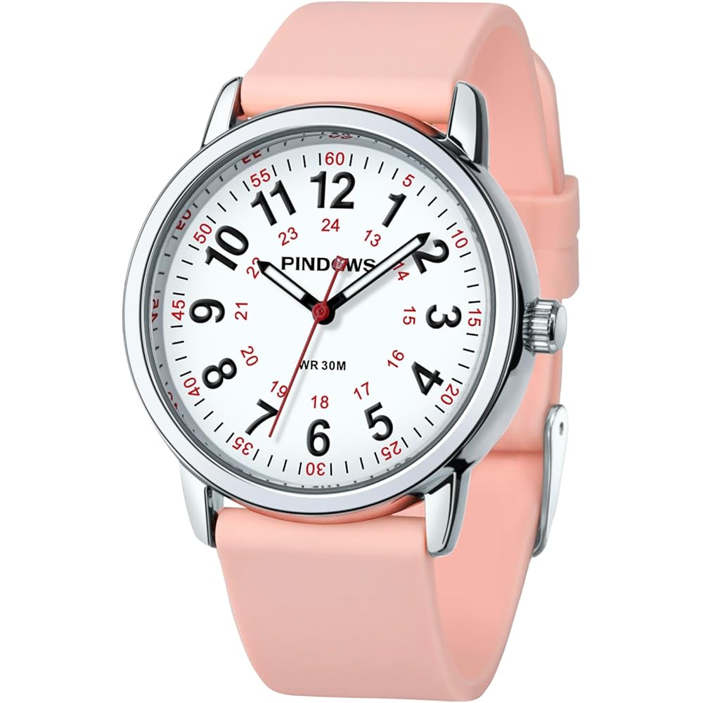PINDOWS Women s Analog Quartz Watch for Students, 30m Waterproof, Military Time Display, Luminous Dial