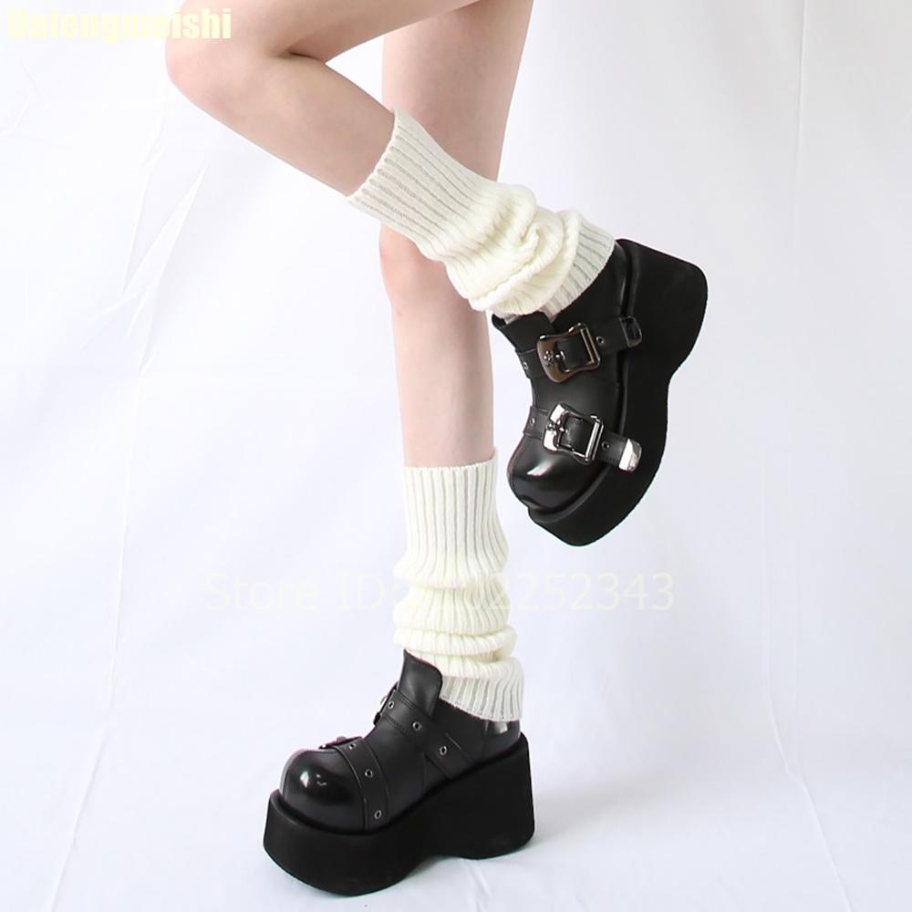 Fashion Black Thick-Soled Leather Shoes Women Round Toe Heightened Wedge Heels Belt Buckle Slip On Y2K Style Pumps Street Fashion Shoes