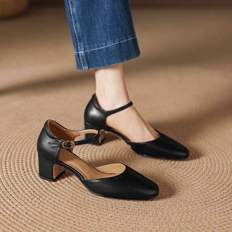 Krazing Pot Pelle Vera Punta Tonda Tacco Sottile Scarpe Estive Monocolore Taglia Grande 42 Cinturini con Fibbia Donna Scarpe Basse