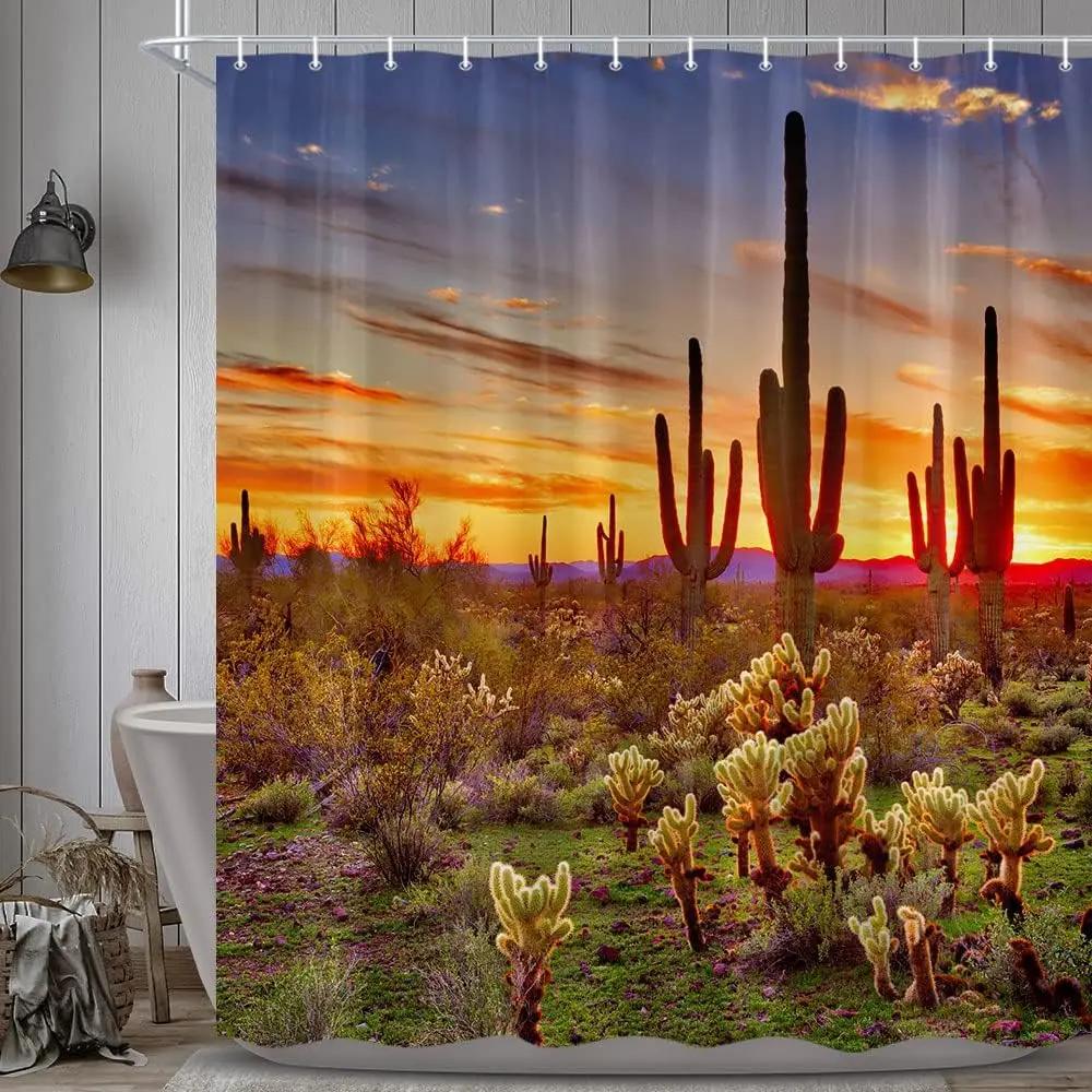 Western Landscape Sunset Desert Cactus Bathroom Curtain, Natural Scene Waterproof Polyester Fabric Shower Curtain with Hook