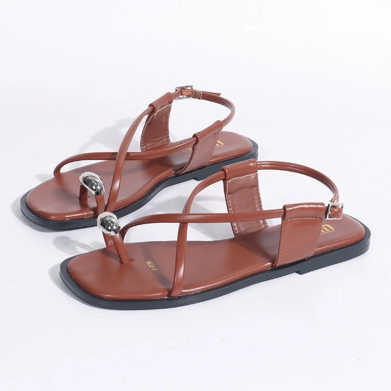 

Fashion Metal Decoration Clip Toe Flip Flops Women Summer Cross Tied Buckle Design Casual Shoes Comfort Anti-slip Vacation Beach Slipper 36 темно-коричневого