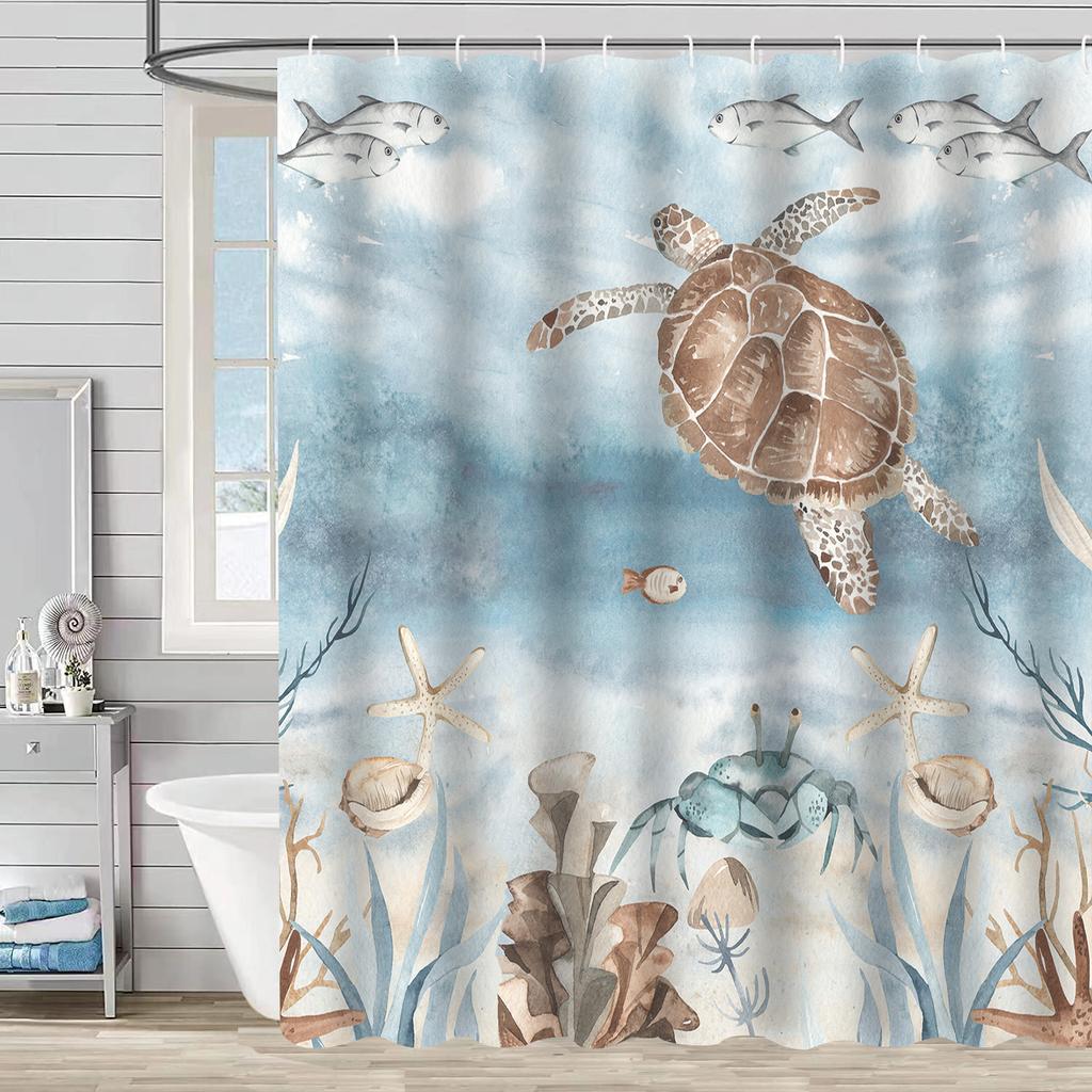 Shower Curtain Waterproof And Mildew-Proof Digital Printing Starfish Shell Shower Curtain Bathroom Partition Curtain Free Punching