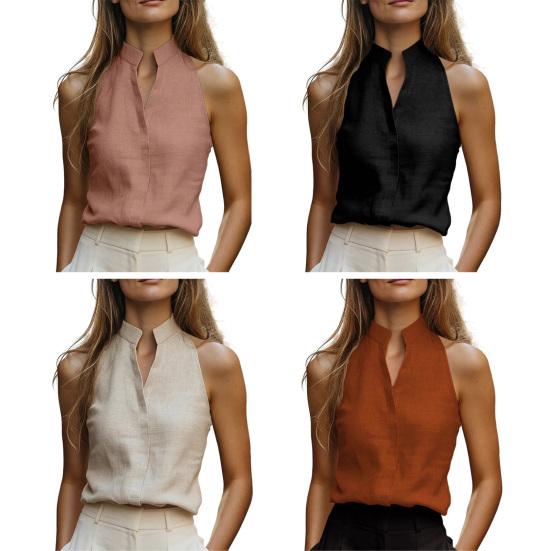 Women Tops Stand Collar Sleeveless Slim Fit Shirt Tops Pure Color Casual Shirt Summer Work Party Date Wear