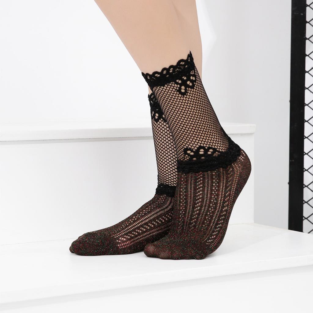3 Pairs of Summer Fashionable Hollow Mesh Socks Mid Tube Socks Shiny Silk Thin Lace Invisible Breathable Sweet Lace Socks