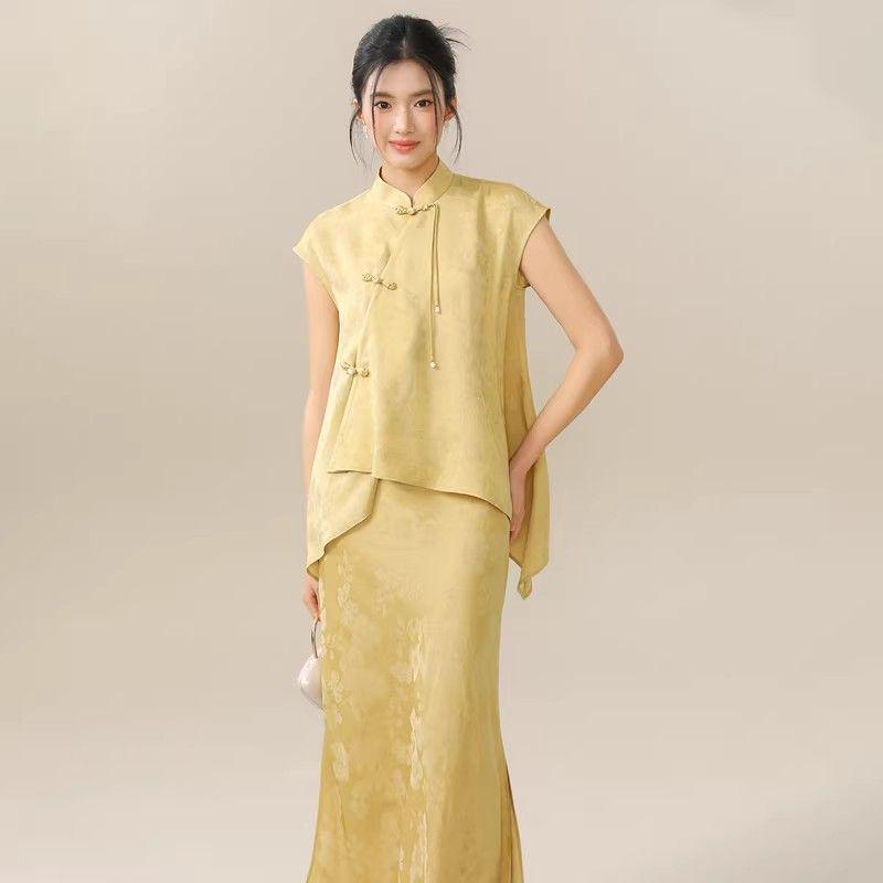 

Women s Summer Chinese-Style Sleeveless Top & Fishtail Skirt Two-Piece Set with Frog Button Details One Size