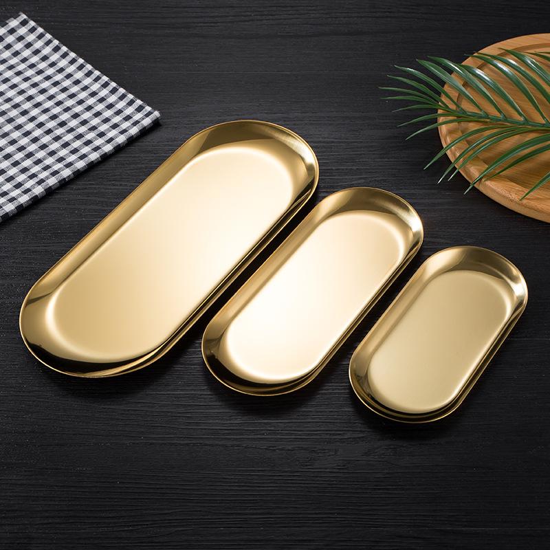 Nordic Korean Style Stainless Steel Oval Tray for Desserts, Jewelry, Towels - Small Gold Plate