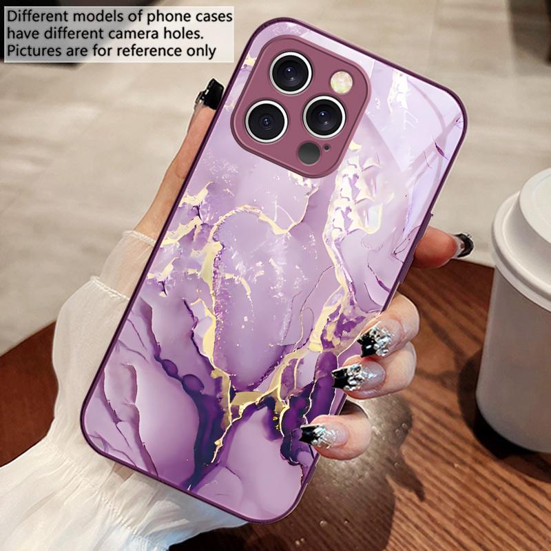 Pink Marble Pattern Black For IPhone 16 Pro Max 15 Pro 14 13 12 Mini 11 XS M Ax XR 7 8 Plu SE 2022 Tempered Glass Phone Case