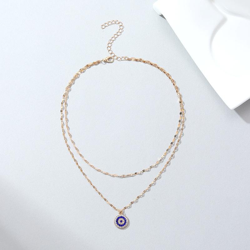 JMXD-Crystal Jewelry Devil's Eye Double Necklace Fashion Personality Alloy Pendant Clavicle Chain