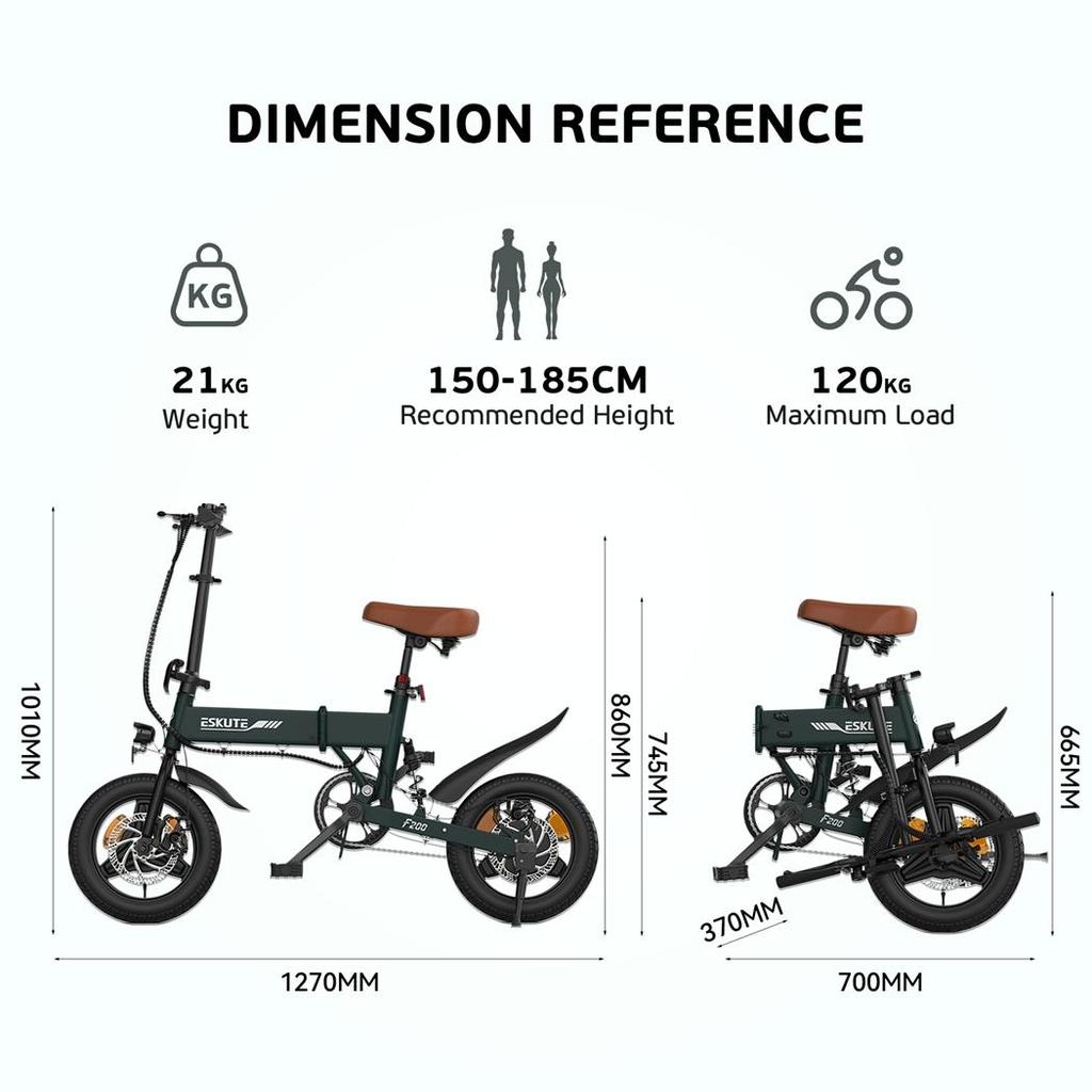 Electric Bike Foldable ESKUTE F200 250W Motor Top Speed 25Km/h 36V 7.8AH Range 50Km Load 120Kg