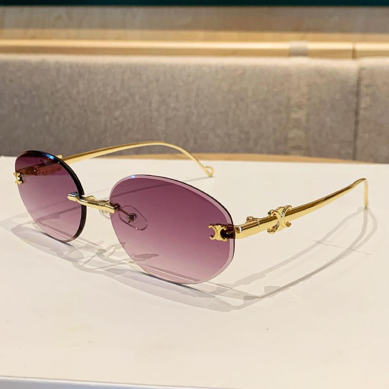 Ochelari de soare fără ramă pentru femei, Stil retro sofisticat, Protecție solară, Rame ovale, Ochelari de soare metalici pentru bărbați.