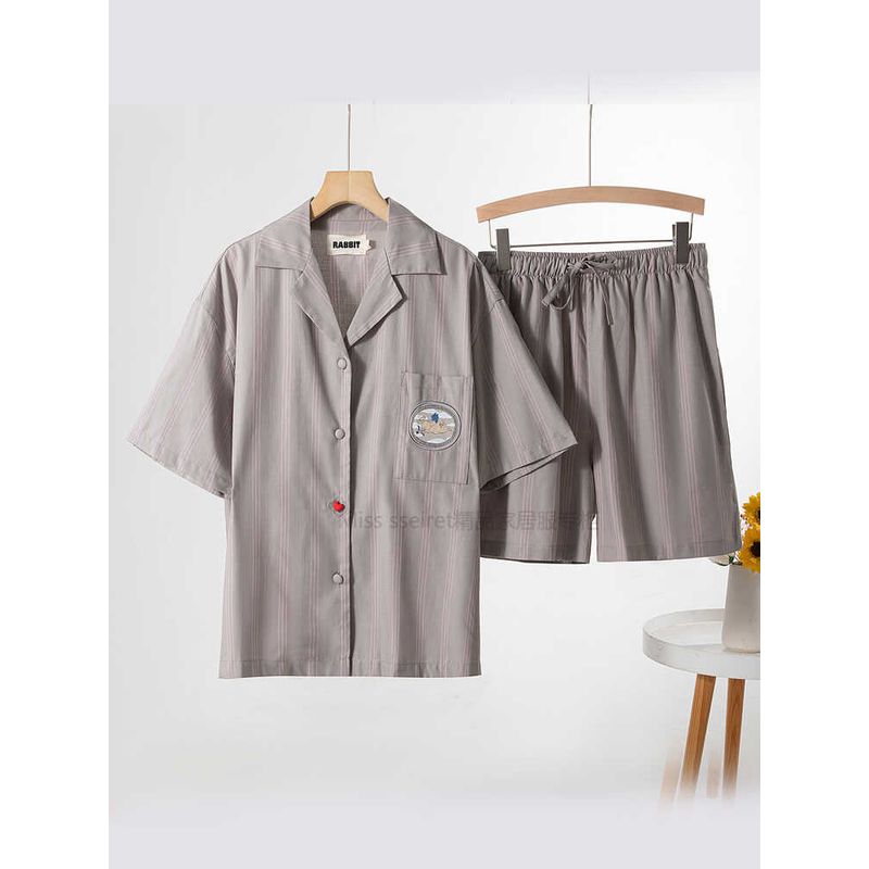 Same Style Accessible Luxury ~ Rabbit Embroider Tencel Cotton Pajamas Men's and Women's Suits Short Sleeve Shorts Stripes Couple Home Wear