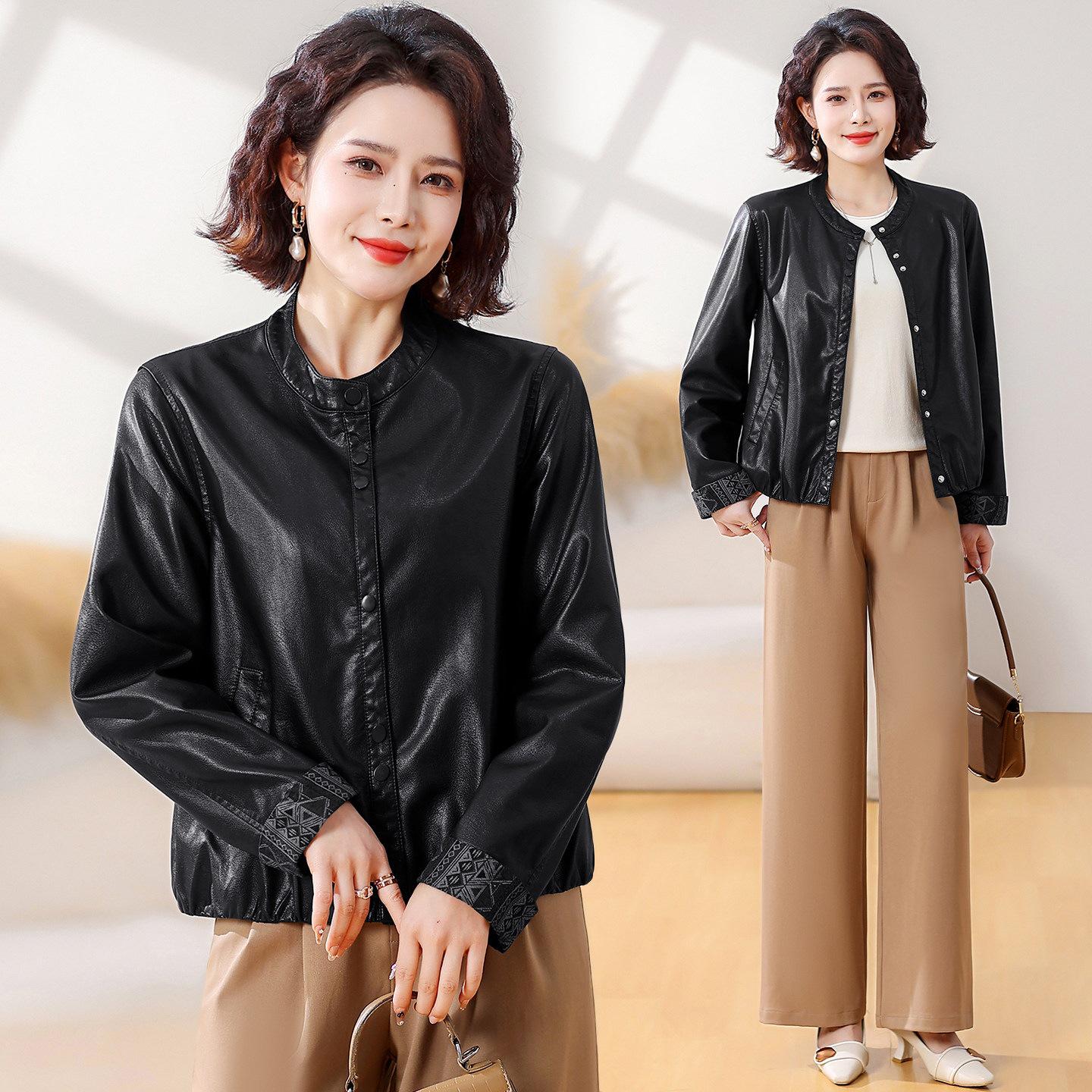 

Stylish Spring Leather Jacket for Middle-aged Women - 2026 New PU Short Jacket M (recommended under 110 lbs)