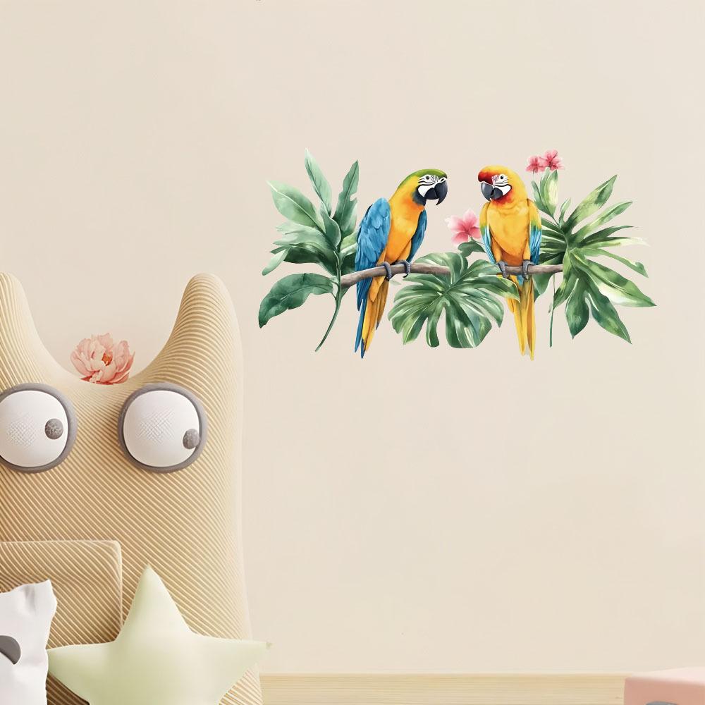 Self-adhesive Watercolor Parrot Branches Leaves Wall Stickers for Living Room Bedroom Entryway Home Decor
