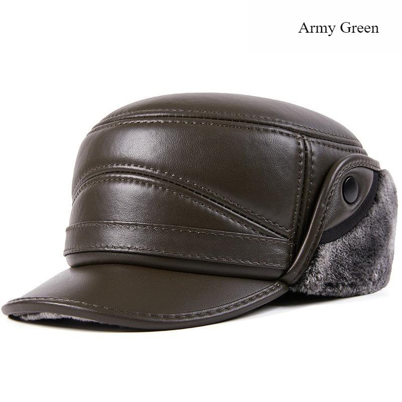 Winter Men's Leather Hat Thicken Leather Sheepskin Baseball Caps With Ears Warm Snapback Dad's Hats Sombrero De Cuero Del Hombre