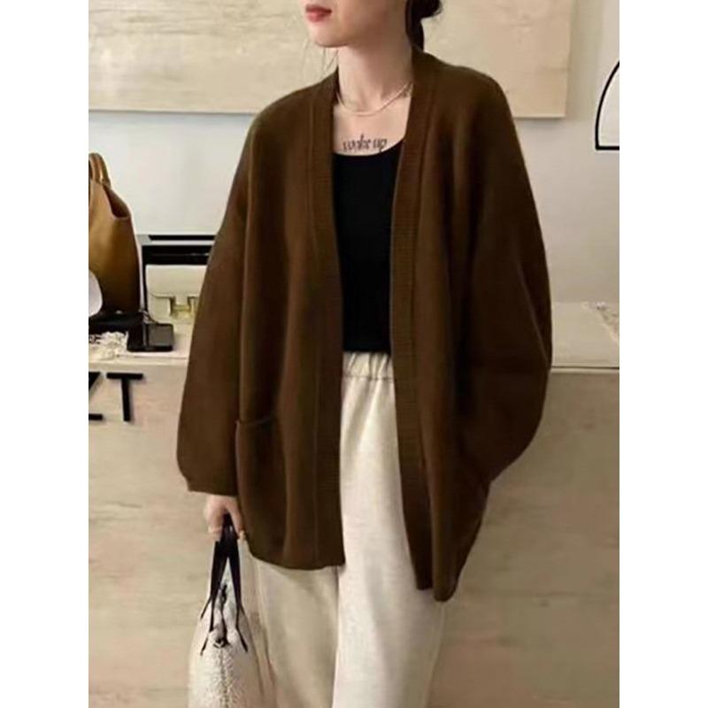 Medium and long lazy sweater jacket autumn and winter new solid color loose large size knitted cardigan women