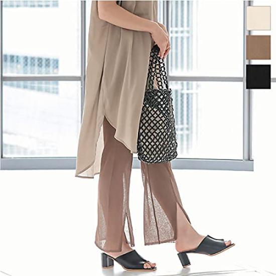 Kobe Lettuce Center Slit Sheer Knit Pants Free Ice Beige [M3295] Size,