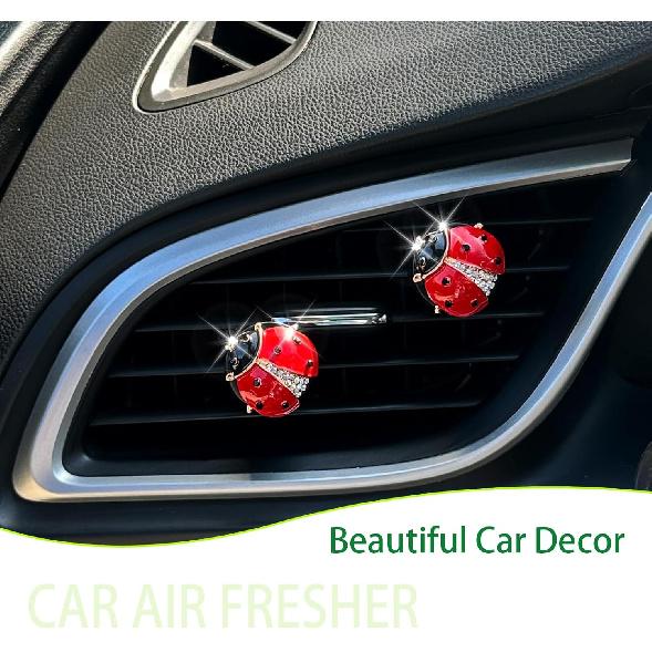 Ladybug Car Decor,2Pcs Bling Lady Bug Air Vent Clips Car Air Freshener,Cute Red Car Accessories Gift For Women,Refillable Rhinestone Aroma Diffuser