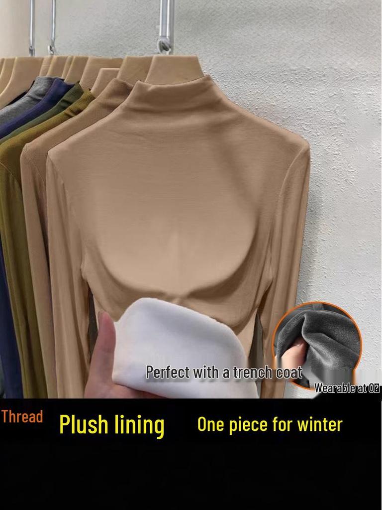 2024 Korean Style Warm Long-Sleeve Turtleneck Plus Velvet Women’s Base Layer Top