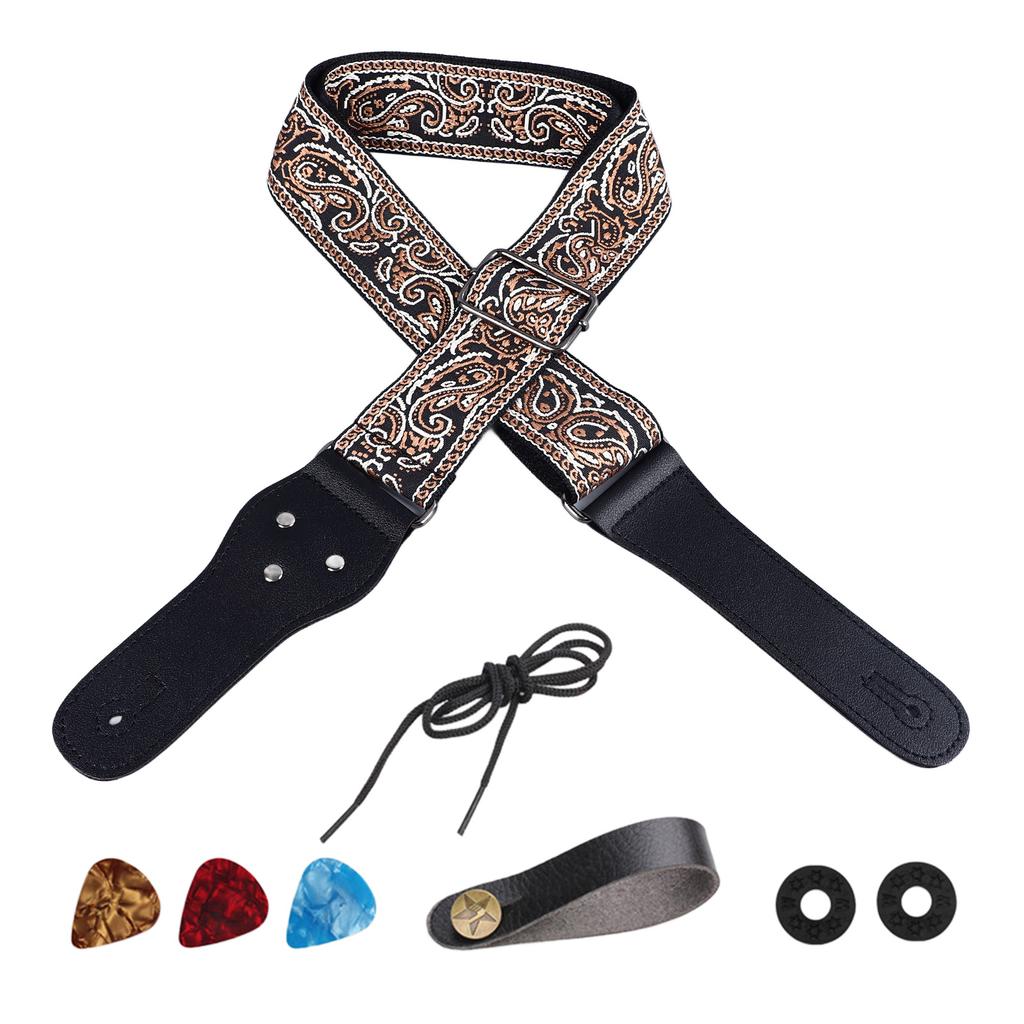 Guitar Strap Embroidery Widened Adjustable Shoulder Strap with Picks for Acoustic Electric Guitar Bass Brown