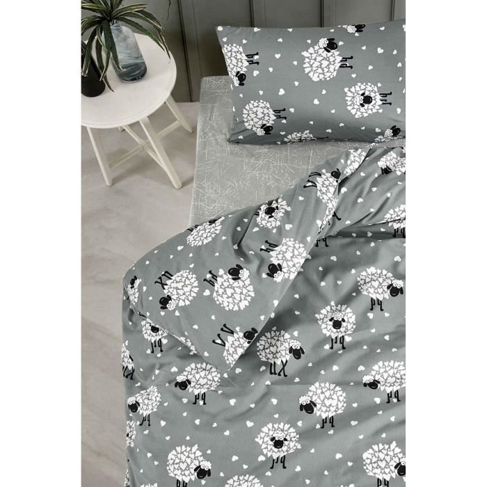 Parure de lit - 1 housse de couette 220 x 240 cm + 2 taies d'oreiller 60 x 60 cm - 65% coton, 35% polyester - Gris